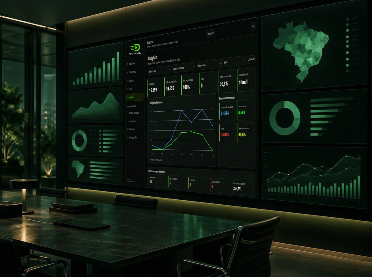 Sistema DYNKO Analytics exibido em telas de uma sala de monitoramento