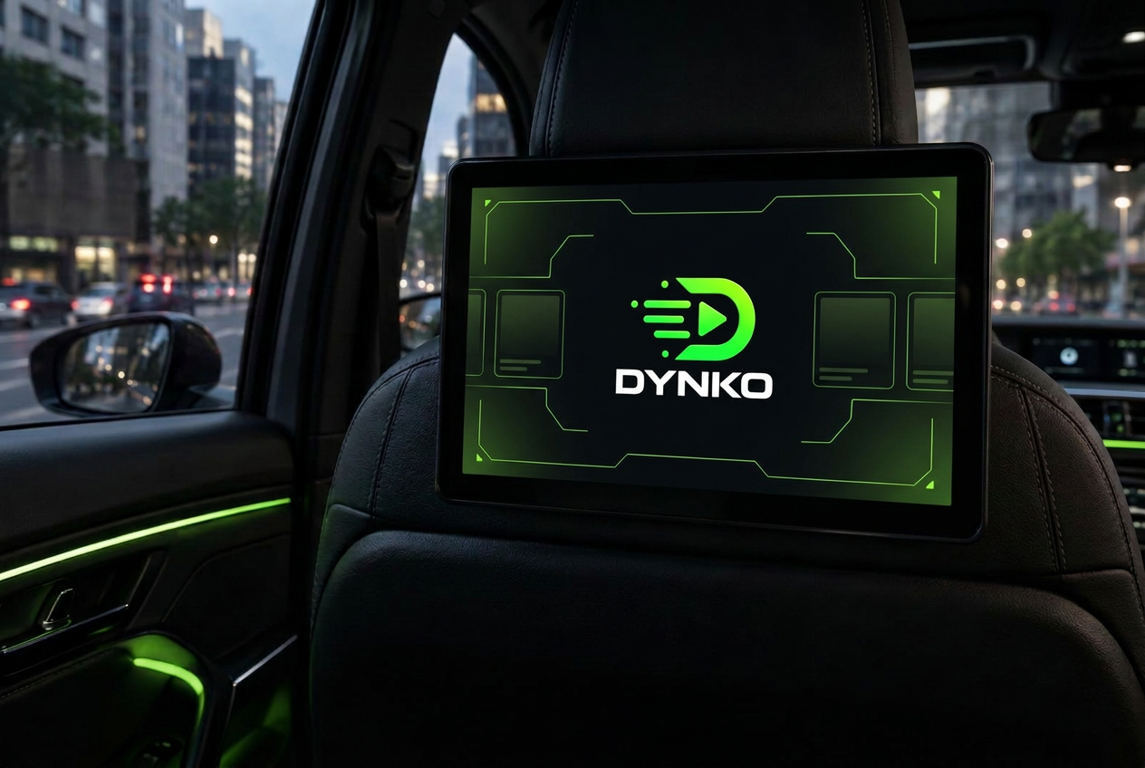 Tablet DYNKO instalado no banco de um veículo em ambiente urbano