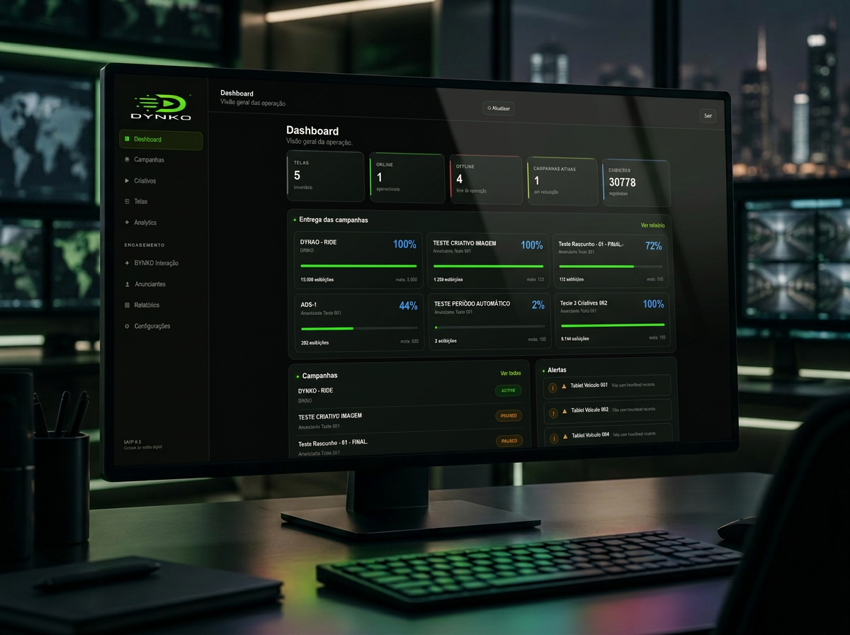 Sistema DYNKO Analytics exibido em um monitor profissional